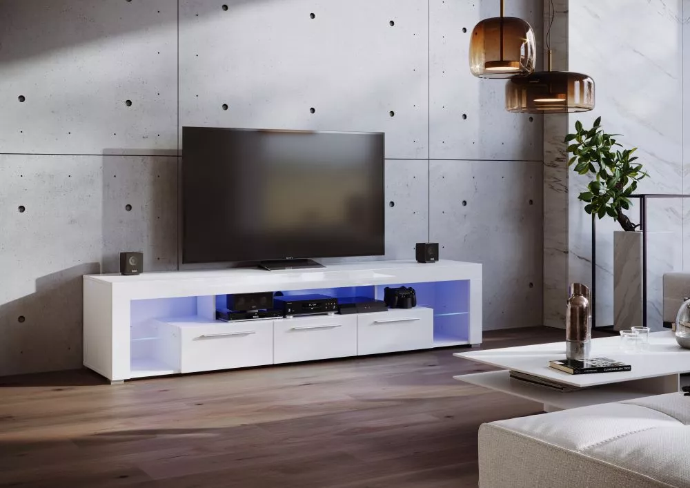 TV tumba Turyn TV · Balts + balts spīdums · 153 × 44 × 44 cm