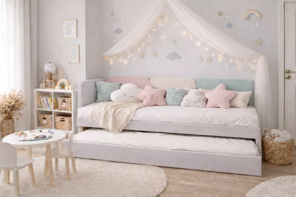 Bērnu gulta Tomi 90x200 ar stelāžām Guļamvietas platums: 90 cm, Guļamvietas garums: 200 cm, · Daudzkrāsains · 94 × 209 ×