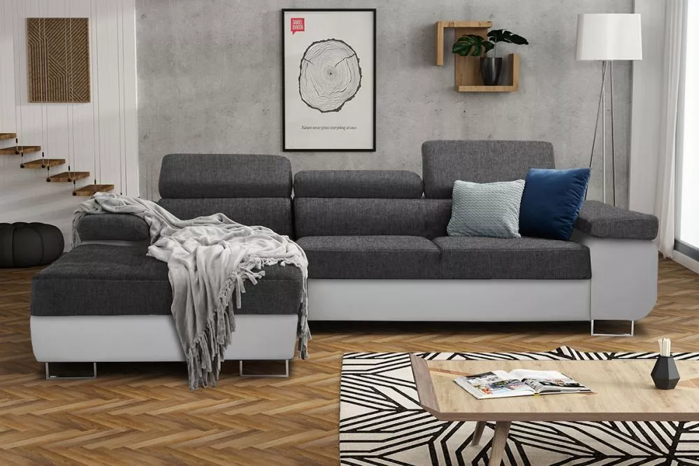 Dīvāns Annabelle L 2 Eco Standard · Tumši pelēks + balts · 201 × 277 × 76 cm