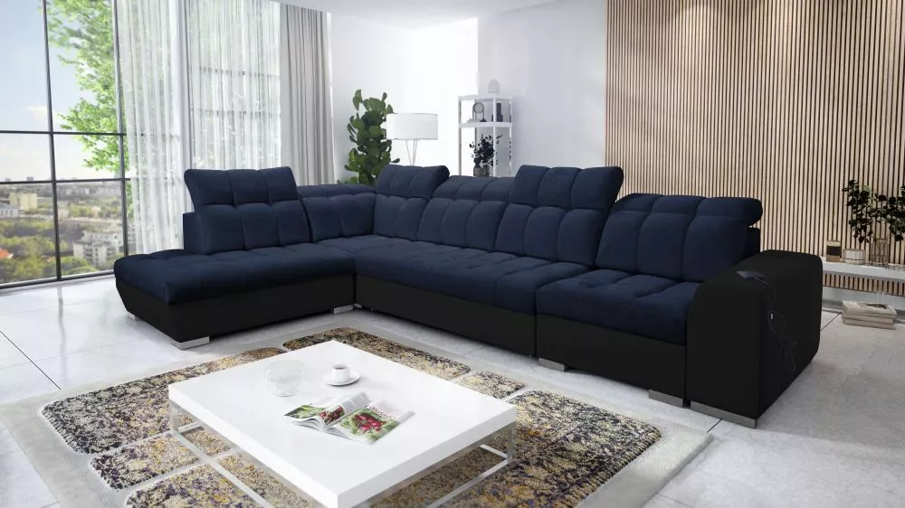 Dīvāns Pagano 11 Premium Standard · Tumši zils + melns · 225 × 360 × 83 cm