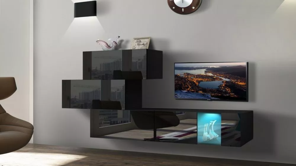 Sekcija Next 84 ar LED · Melns · 214 × 35 × 141 cm