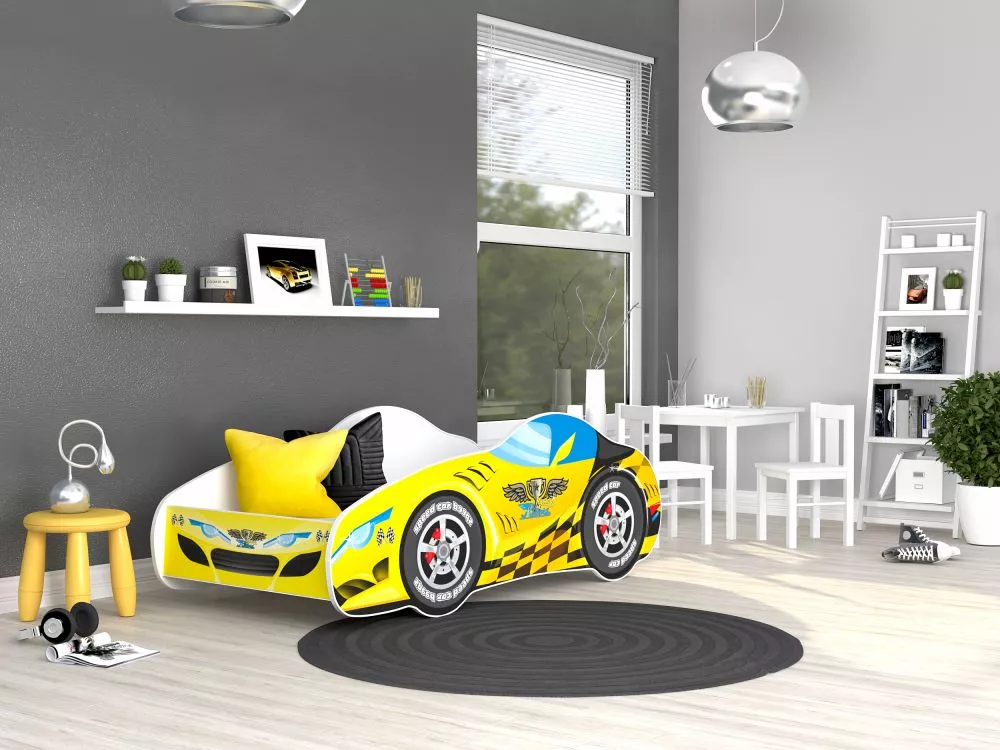 Bērnu gulta Cars 70x140 ar stelāžu Guļamvietas platums: 70 cm, Guļamvietas garums: 140 cm, · Dzeltens · 72 × 156 × 55 cm