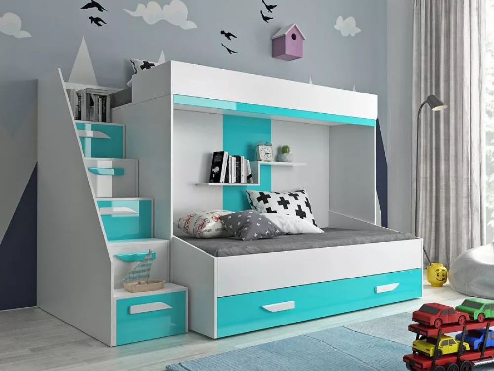 Bērnu gulta Party 16 ar stelāžām Guļamvietas platums: 90 cm, Guļamvietas garums: 200 cm, · 135 × 247 × 165 cm