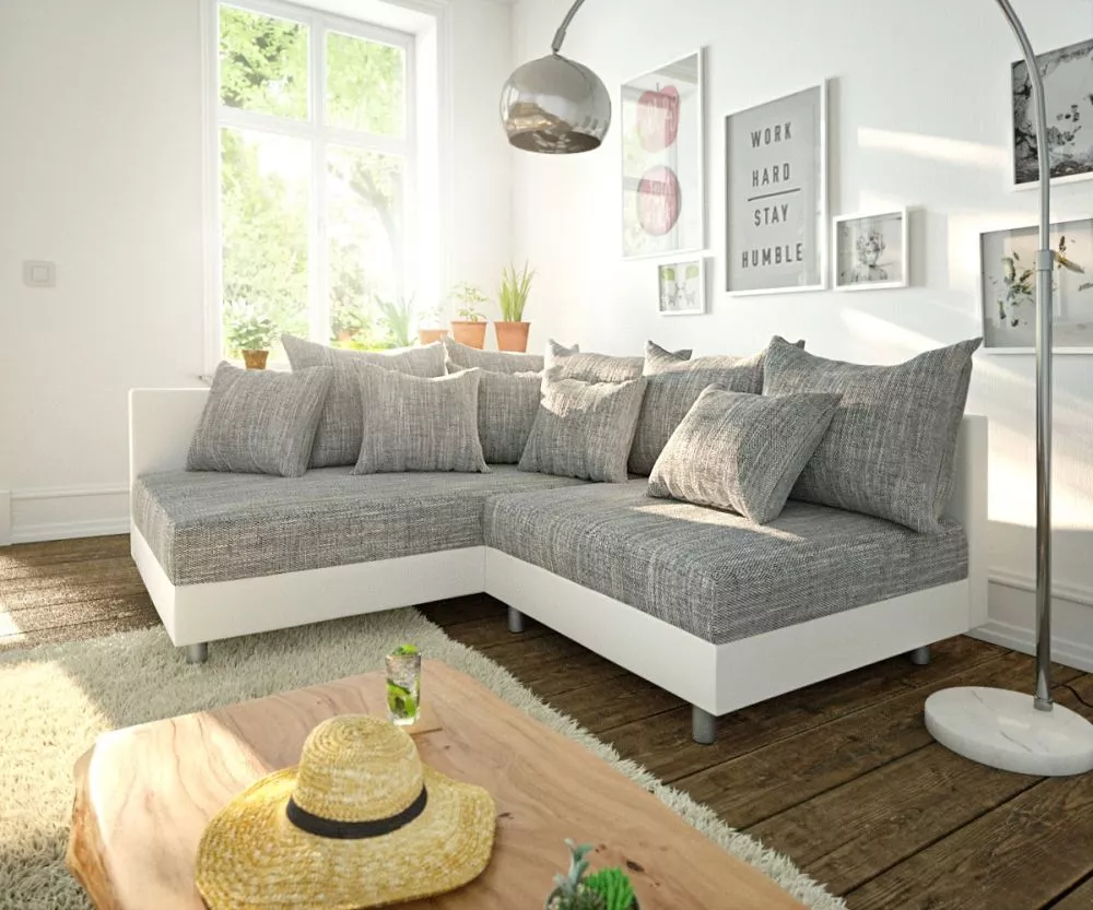 Dīvāns Claudia standard ar pufu · Pelēks + balts · 184 × 213 × 86 cm