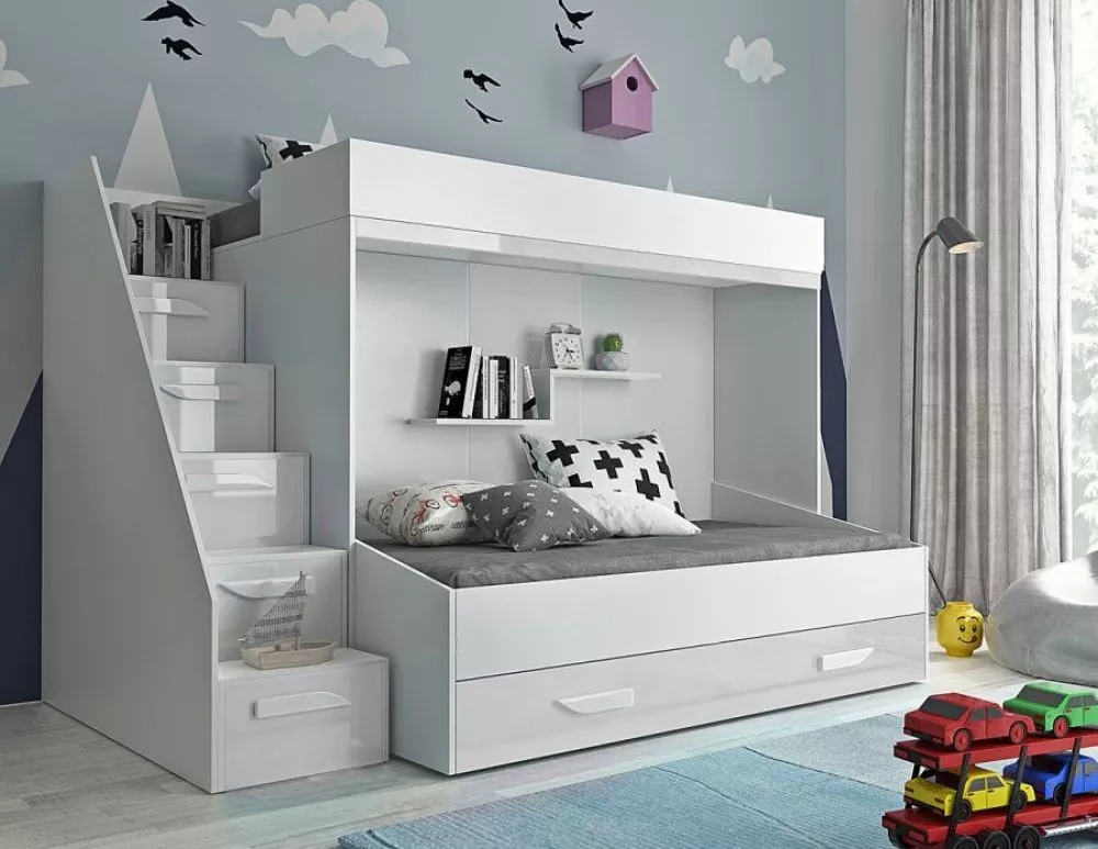 Bērnu gulta Party 16 ar stelāžām Guļamvietas platums: 90 cm, Guļamvietas garums: 200 cm, · 135 × 247 × 165 cm