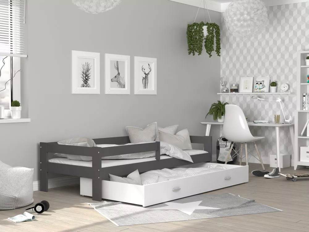 Bērnu gulta Hugo MDF 80x190 ar stelāžu Guļamvietas platums: 80 cm, Guļamvietas garums: 190 cm, · 85 × 199 × 56 cm
