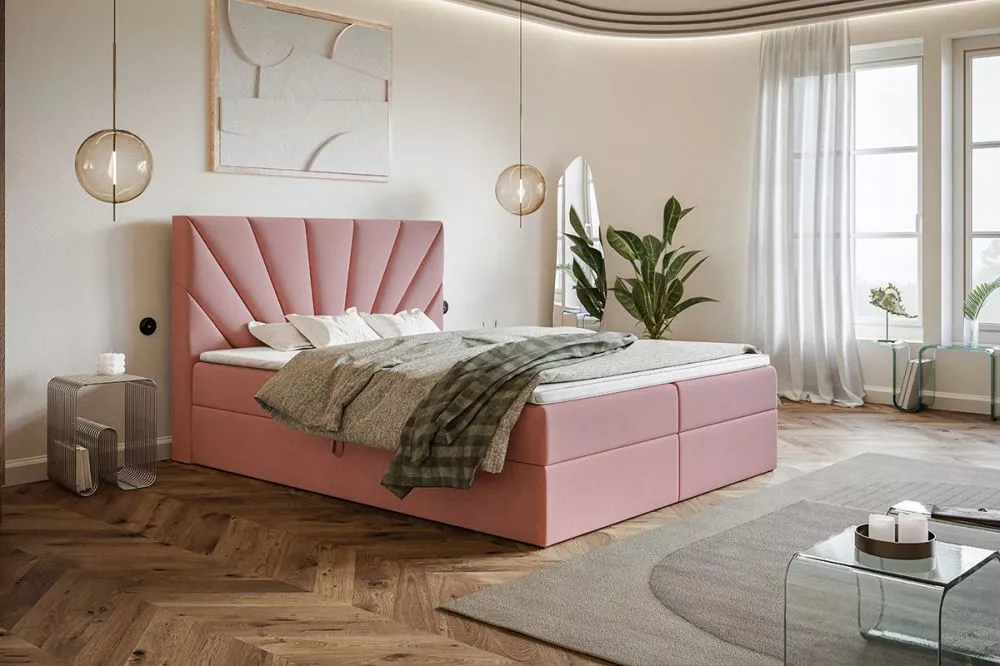 Gulta Box 6 Boxspring standard Guļamvietas platums: 120 cm, Guļamvietas garums: 200 cm, · Rozā · 120 × 214 × 112 cm
