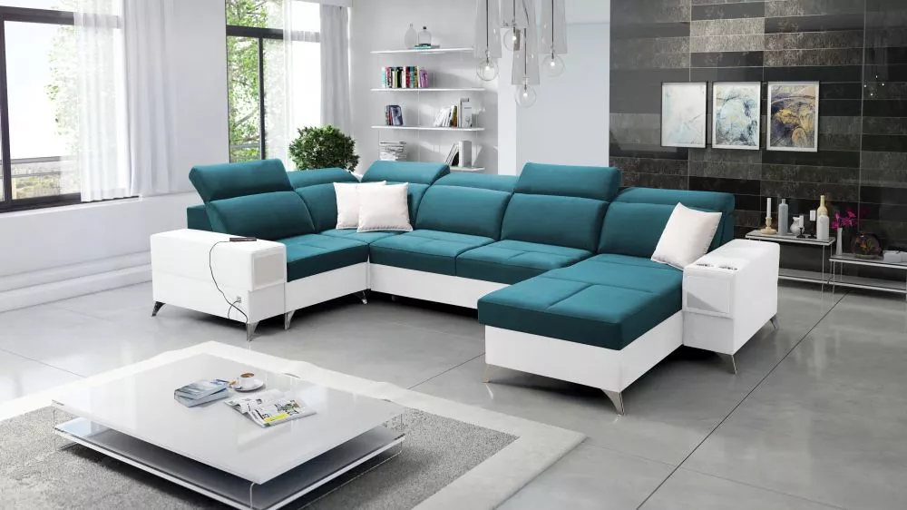 Dīvāns Deus 4 Premium Standard · Tirkīzs + balts · 204 × 364 × 83 cm