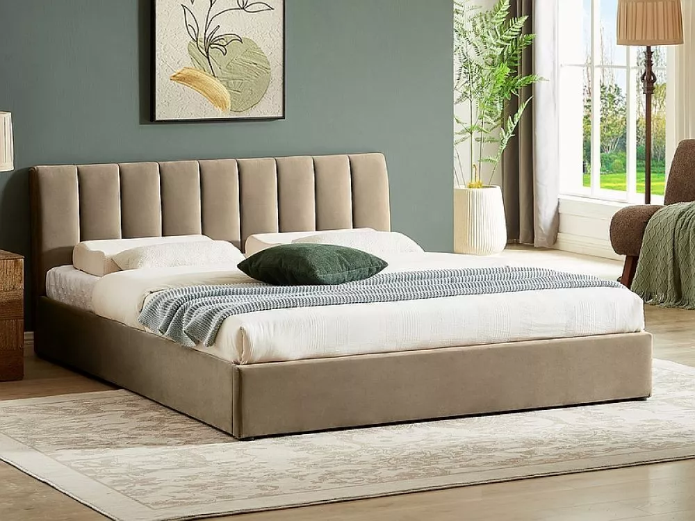 Gulta Montreal Velvet ar stelāžu Guļamvietas platums: 140 cm, Guļamvietas garums: 200 cm, · Bēšs · 147 × 215 × 79 cm
