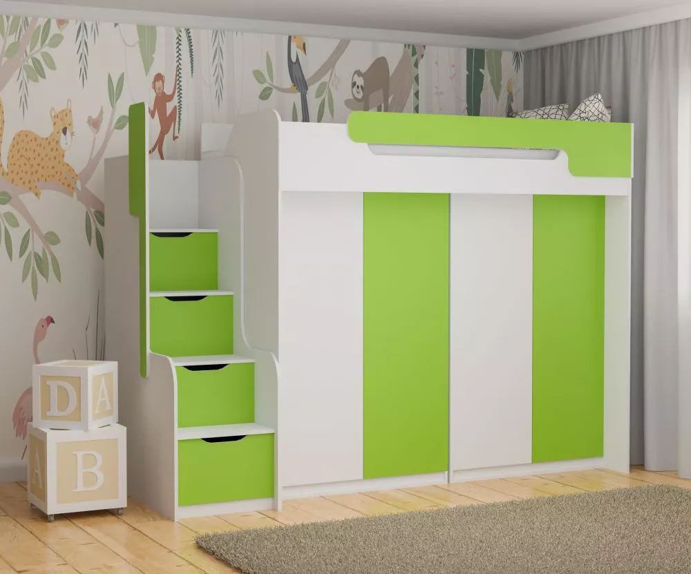 Bērnu gulta Dorian 4 90x200 ar stelāžu Guļamvietas platums: 90 cm, Guļamvietas garums: 200 cm, · 104 × 260 × 187 cm