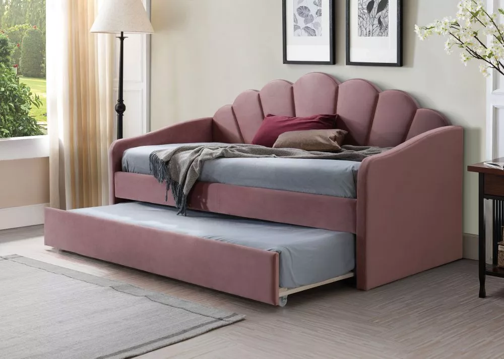 Gulta Bella Velvet ar stelāžām Guļamvietas platums: 90 cm, Guļamvietas garums: 200 cm, · Rozā · 102 × 214 × 116 cm