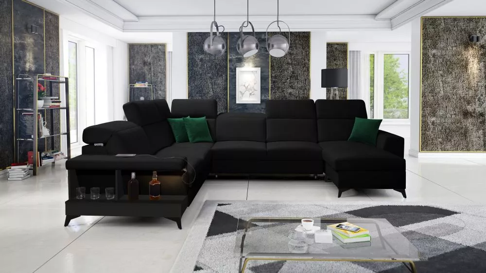 Dīvāns Belutti 8 Satin Black Standard ar LED · Melns · 288 × 362 × 84 cm