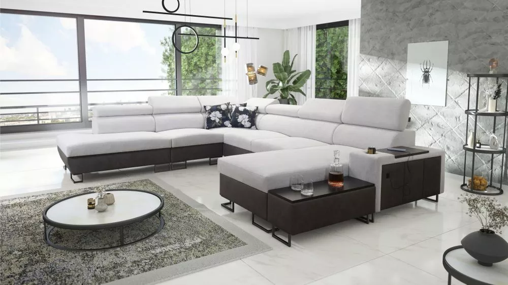 Dīvāns Melody 10 Premium Standard · Gaiši pelēks + grafīts · 295 × 363 × 84 cm