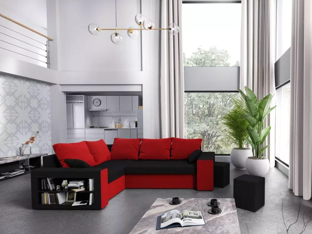 Dīvāns Dallas Standard · Melns + sarkans · 180 × 260 × 72 cm