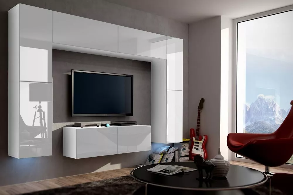 Sekcija Concept 3 gloss ar LED · Balts · 256 × 35 × 182 cm
