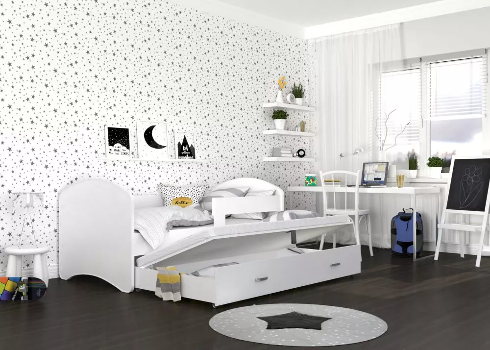 Bērnu gulta Lucky P2 ar stelāžām Guļamvietas platums: 90 cm, Guļamvietas garums: 200 cm, · Balts · 95 × 203 × 85 cm