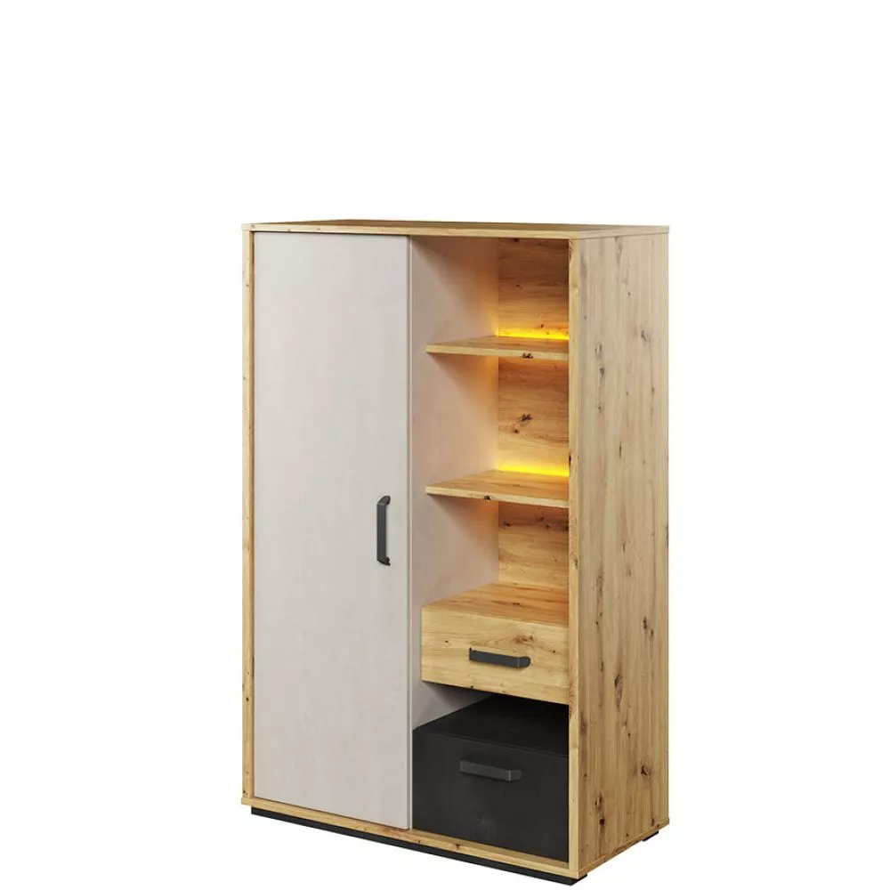 Grāmatu skapis Qubic QB-05 ar LED Korpusa krāsa: ozols artisan, Elementu krāsa: pelēks + grafīts, · 90 × 42 × 138 cm