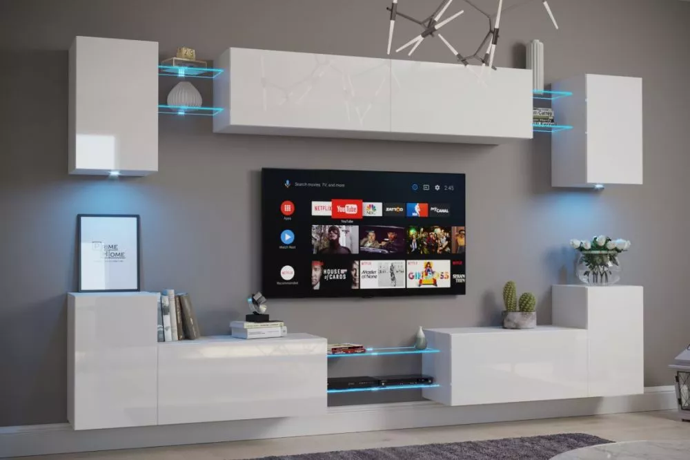 Sekcija Nairobi C1 gloss ar LED · Balts · 307,6 × 35 × 180 cm