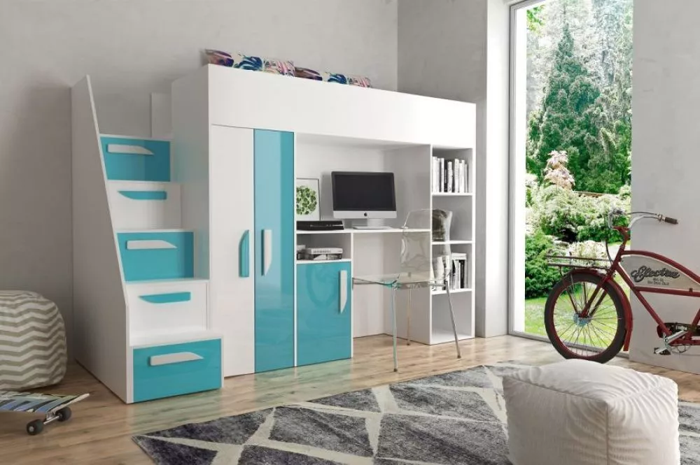Bērnu gulta Party 14 ar stelāžu Guļamvietas platums: 90 cm, Guļamvietas garums: 200 cm, · 120 × 247 × 165 cm