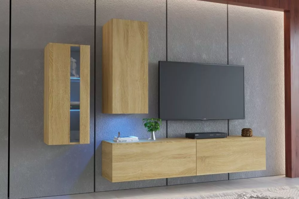 Sekcija Exclusive 9 ar LED · Zelta ozols · 218 × 35 × 158 cm