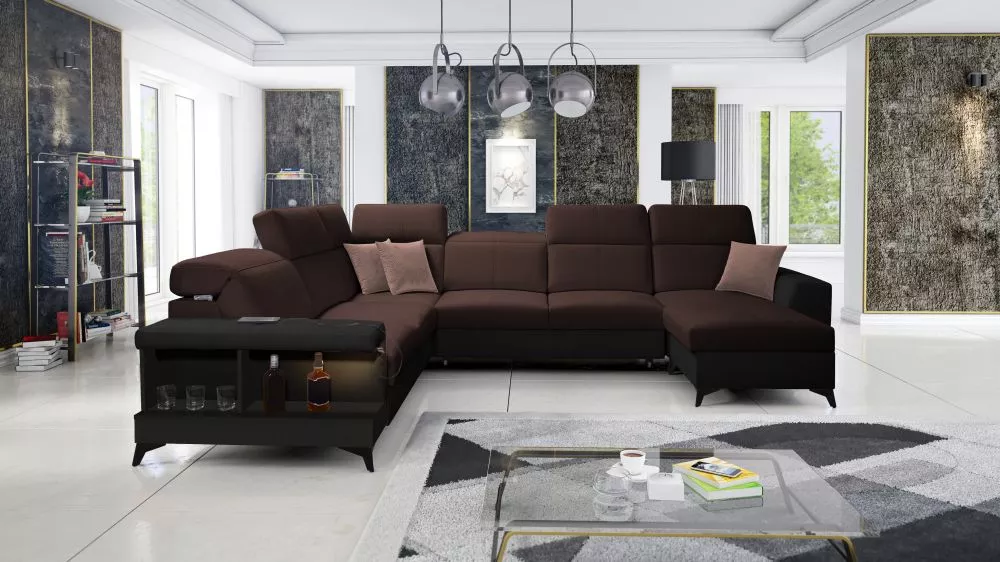 Dīvāns Belutti 8 Satin Black Standard ar LED · Tumši brūns + melns · 288 × 362 × 84 cm