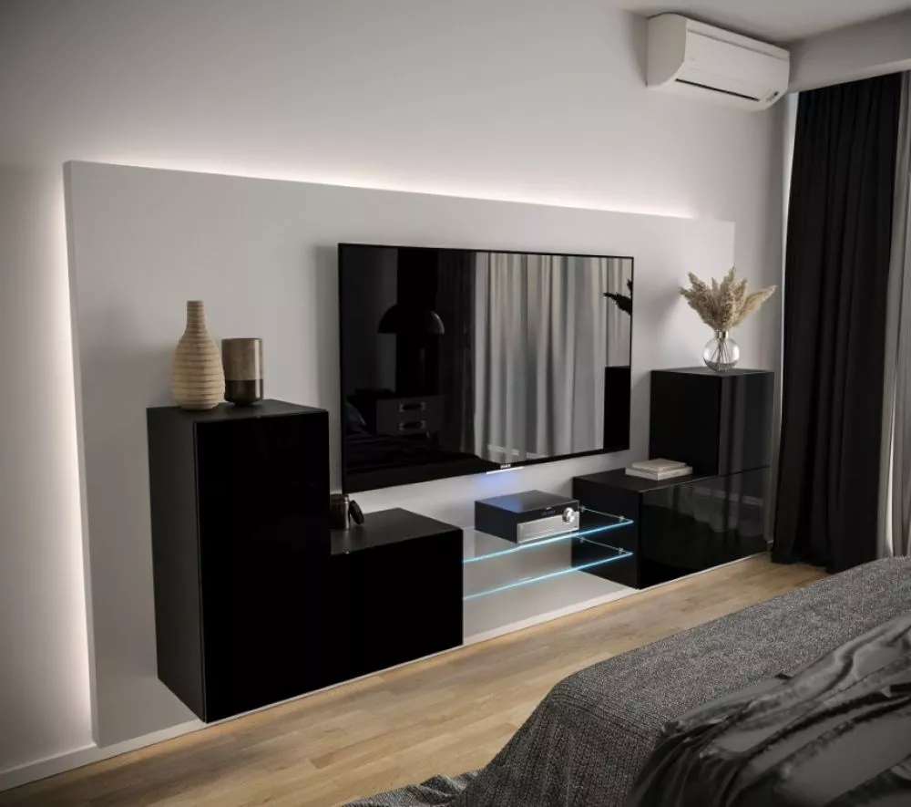 Sekcija Next AN96 gloss ar LED · Melns · 226 × 35 × 77 cm