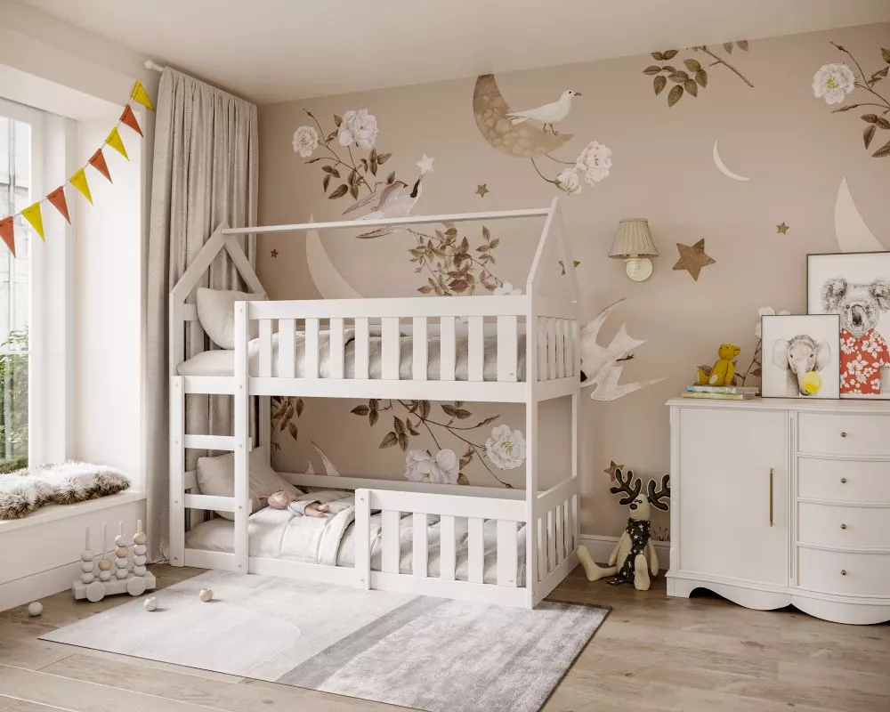 Bērnu gulta Domek Mini 80x190 ar stelāzām Guļamvietas platums: 80 cm, Guļamvietas garums: 190 cm, · Balts · 84 × 194 × 1