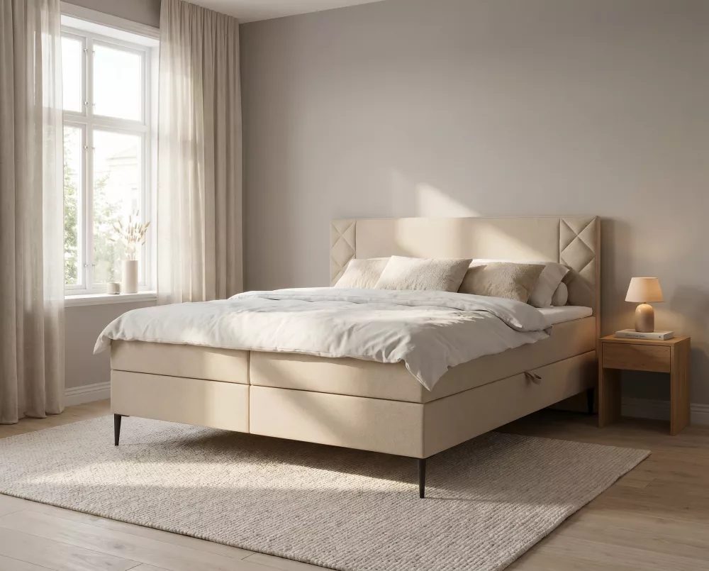 Gulta Portes Boxspring Standard Guļamvietas platums: 140 cm, Guļamvietas garums: 200 cm, · Bēšs · 140 × 210 × 105 cm