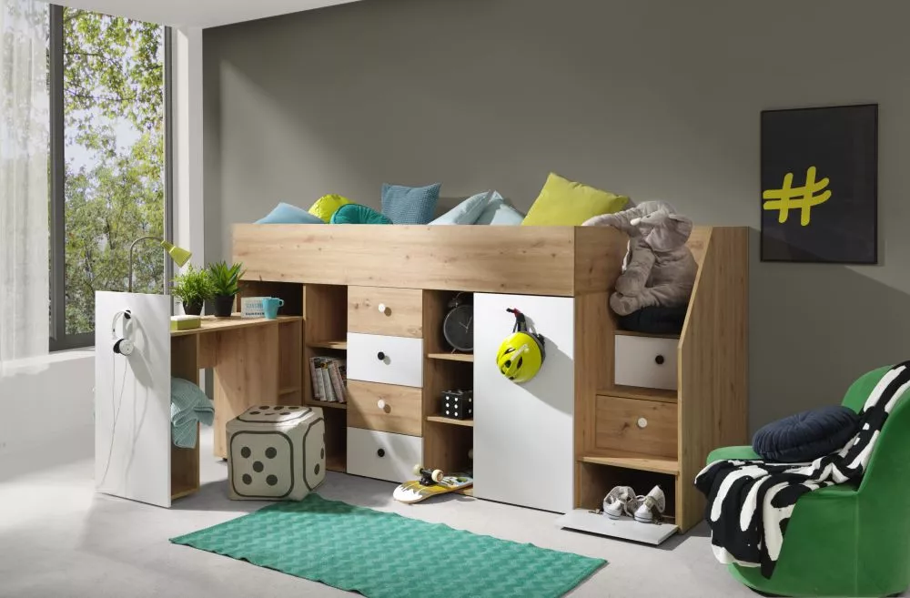 Bērnu gulta Smart 3 ar stelāžu Kāpņu puse: Pa labi, Guļamvietas platums: 90 cm, Guļamvietas garums: 200 cm, · 93 × 248,5