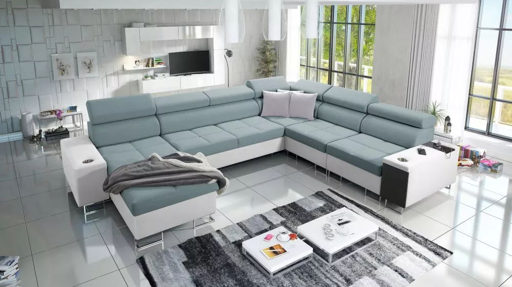 Dīvāns Morena 8 Premium Standard · Gaiši zils + balts · 284 × 360 × 84 cm