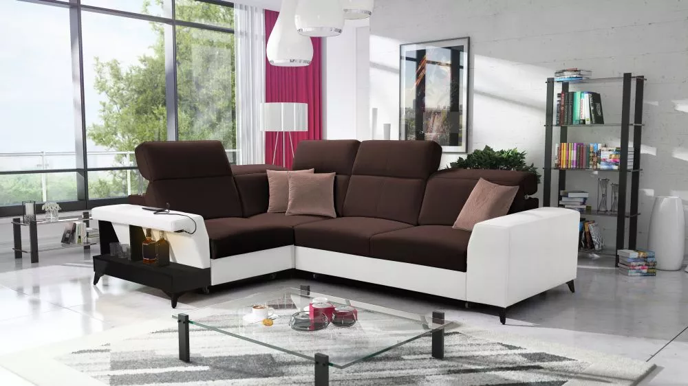 Dīvāns Belutti 2 Satin Black Standard ar LED · Tumši brūns + balts · 212 × 288 × 84 cm