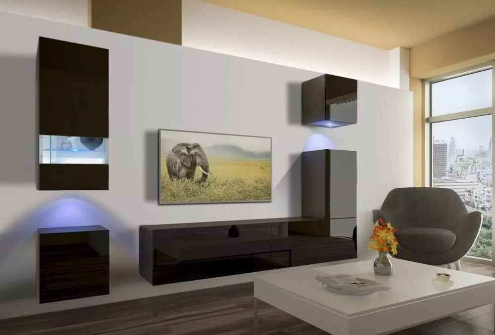 Sekcija Next 19 gloss ar LED · Melns · 256 × 35 × 194 cm