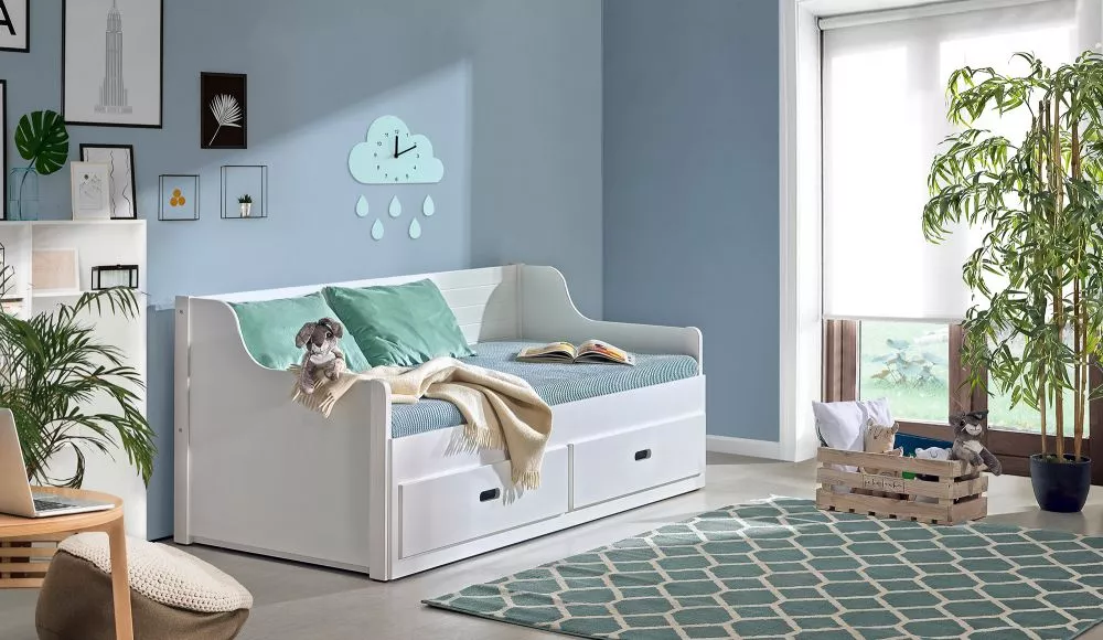 Bērnu gulta Szymon Comfort ar stelāžu Guļamvietas platums: 80 cm, Guļamvietas garums: 200 cm, · Balināta priede · 90 × 2