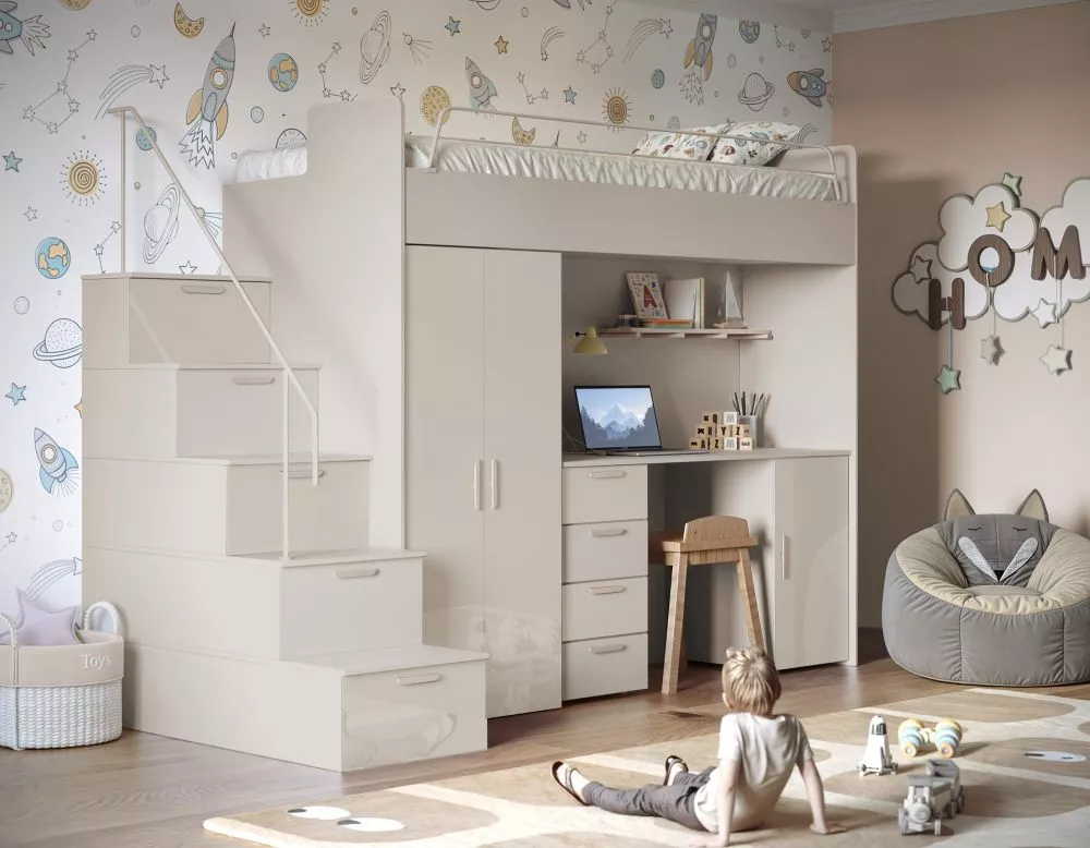 Bērnu gulta Raj 4 Gloss ar stelāžu Guļamvietas platums: 80 cm, Guļamvietas garums: 200 cm, · 120 × 254 × 180 cm