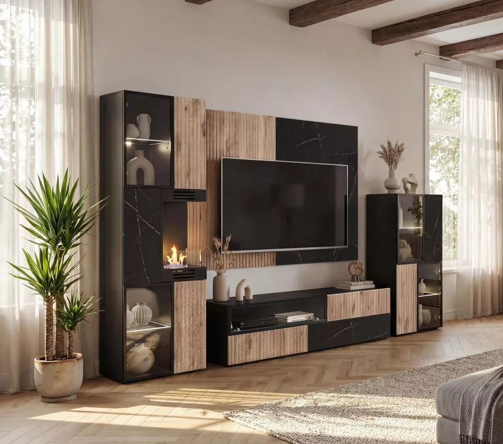 Sekcija Cannes W2K ar LED Korpusa krāsa: melns + melns marmors, · 280 × 45 × 182 cm