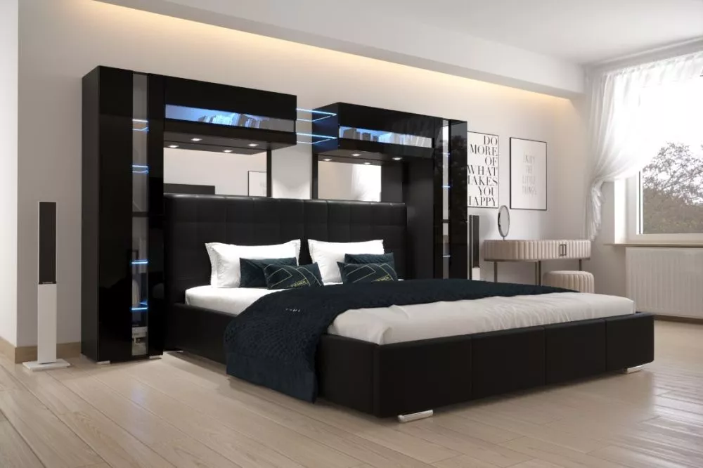 Sekcija Panama 14 Gloss ar LED · Melns · 290.6 × 35 × 184 cm