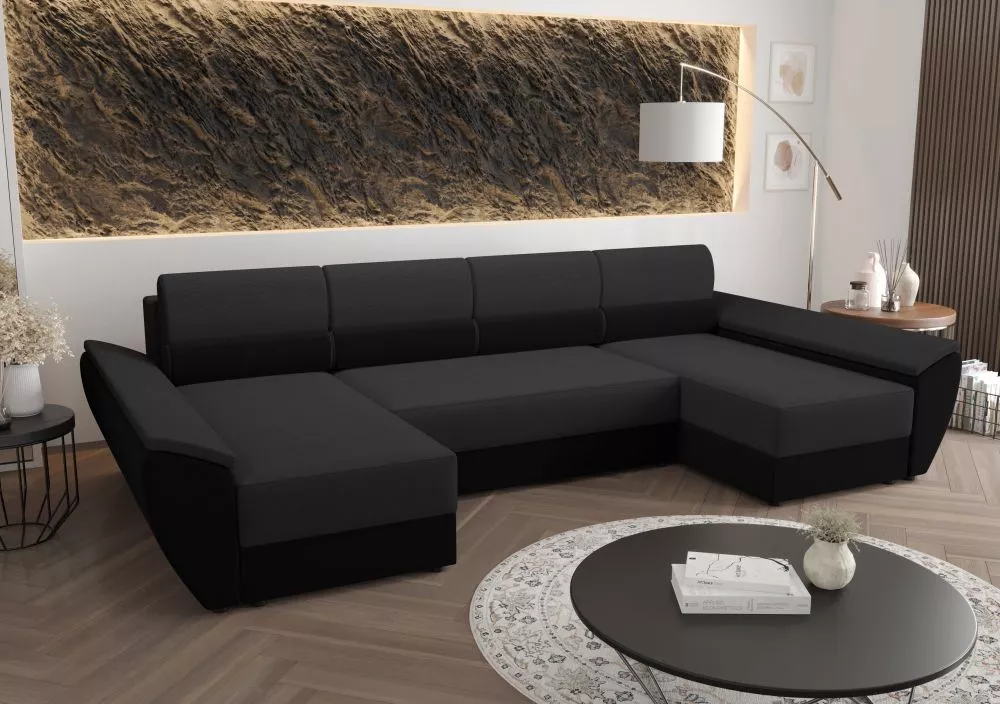 Dīvāns Rebi U4 Standard · Tumši pelēks + melns · 140 × 321 × 88 cm