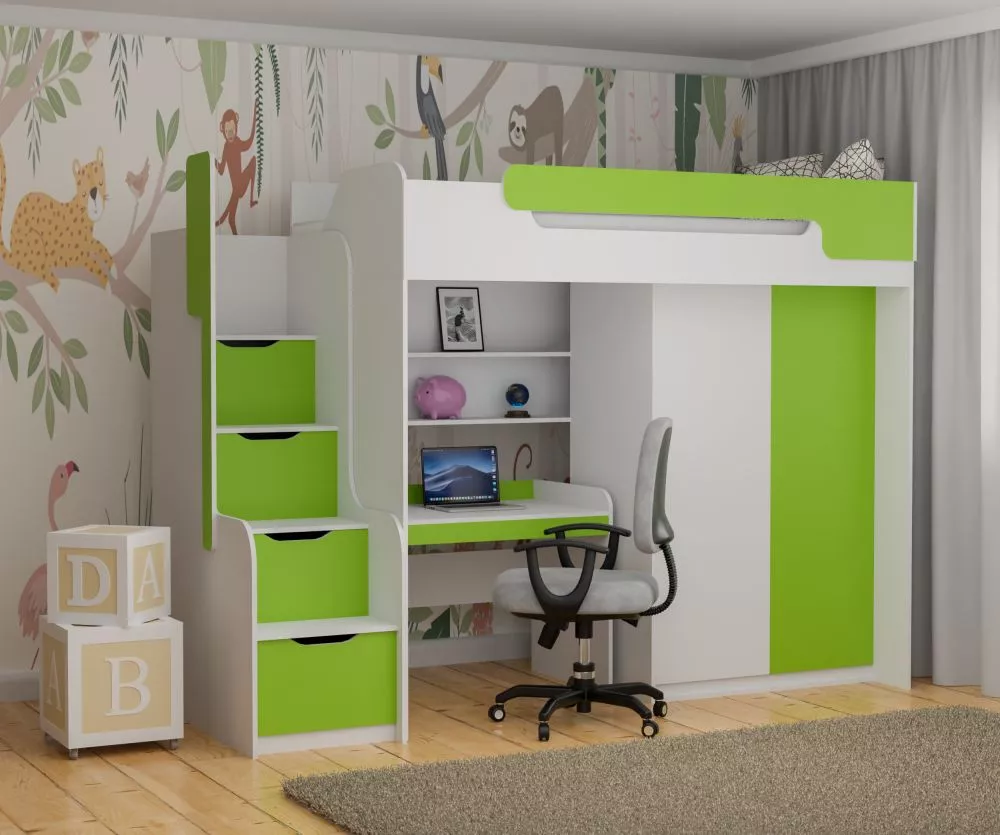 Bērnu gulta Dorian 3 90x200 ar stelāžu Guļamvietas platums: 90 cm, Guļamvietas garums: 200 cm, · 104 × 260 × 187 cm