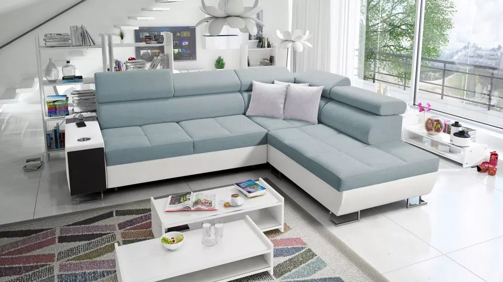 Dīvāns Morena 7 Premium Standard · Gaiši zils + balts · 221 × 283 × 84 cm