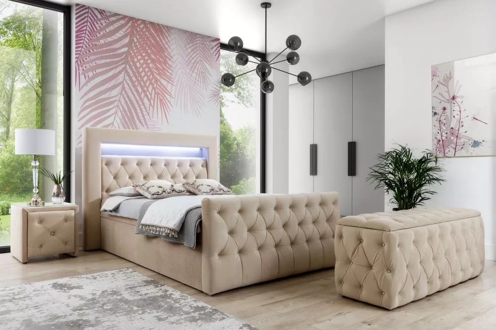 Gulta Singapur Lux Boxspring Standard ar LED Guļamvietas platums: 120 cm, Guļamvietas garums: 200 cm, · Bēši rozā · 154 