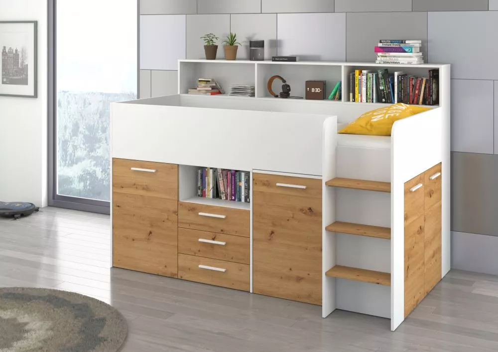 Divstāvu gulta Neo P ar stelāžu Guļamvietas platums: 80 cm, Guļamvietas garums: 200 cm, · 120 × 206 × 138 cm