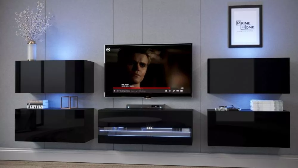 Sekcija Exclusive 3 gloss ar LED · Melna · 307 × 35 × 99 cm