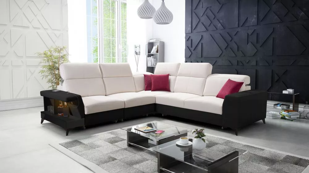 Dīvāns Belutti 3 Satin Black Standard ar LED · Krēma + melns · 288 × 288 × 84 cm