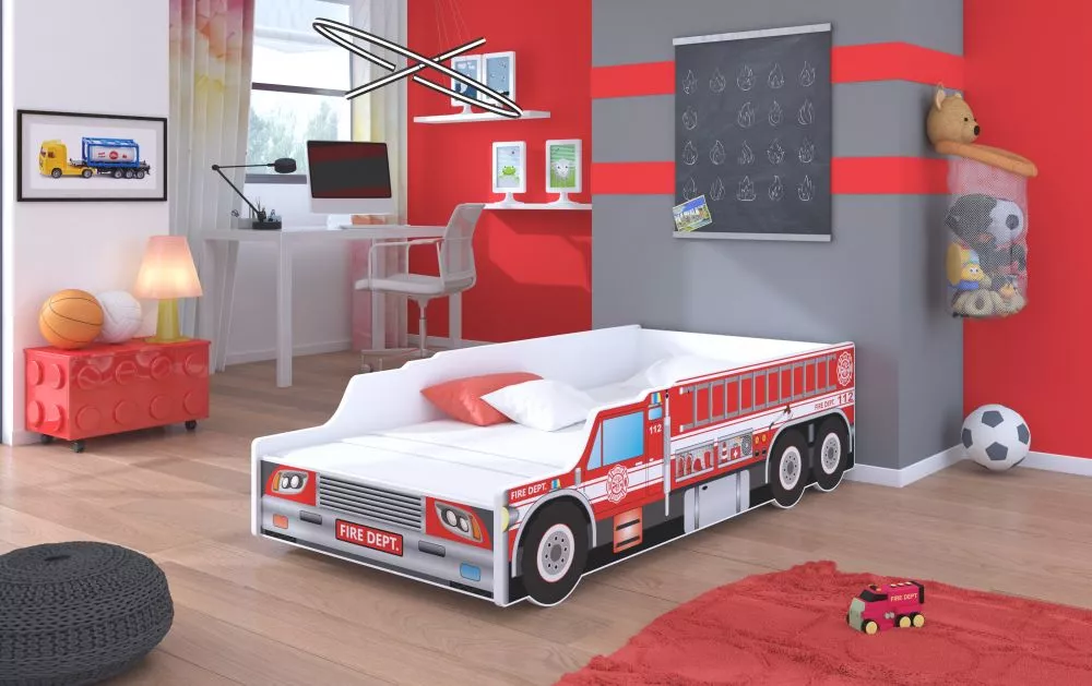 Bērnu gulta Fire Truck ar stelāžu Guļamvietas platums: 80 cm, Guļamvietas garums: 160 cm, · Daudzkrāsains · 84 × 165 × 4