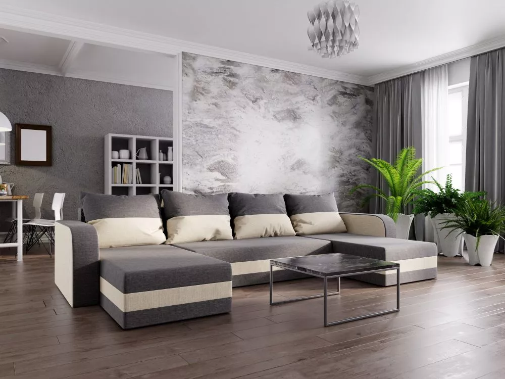 Dīvāns Hewlet U Bis standard · Pelēks + krēma · 139 × 313 × 80 cm
