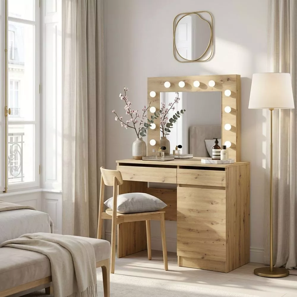 Kosmētikas galds Hollywood 95 ar LED · Ozols artisan · 95 × 141 × 43 cm