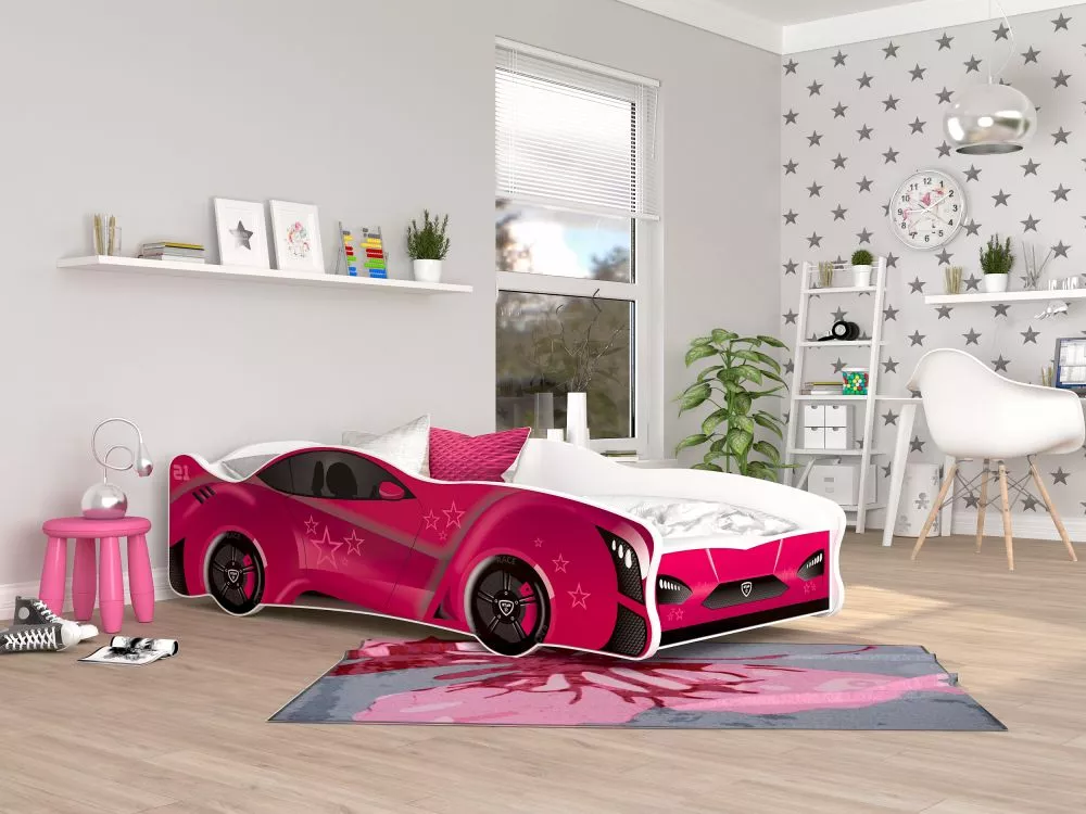Bērnu gulta Cars 80x160 ar stelāžu Guļamvietas platums: 80 cm, Guļamvietas garums: 160 cm, · Rozā · 82 × 170 × 52 cm
