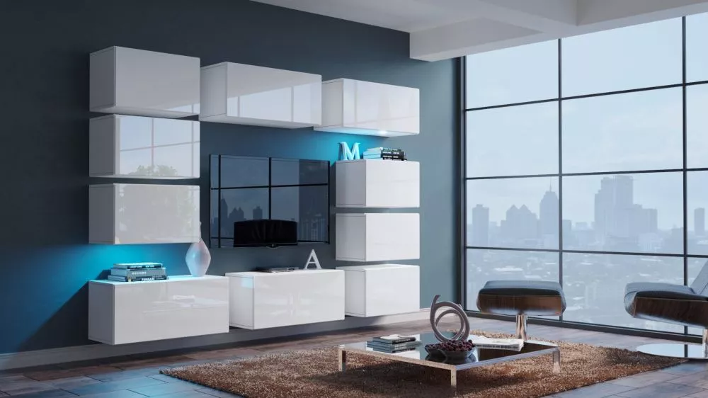 Sekcija Next 62 gloss ar LED · Balts · 256 × 35 × 208 cm