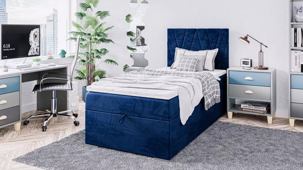 Gulta Lara Boxspring Standard Guļamvietas platums: 90 cm, Guļamvietas garums: 200 cm, · Zils · 90 × 207 × 118 cm