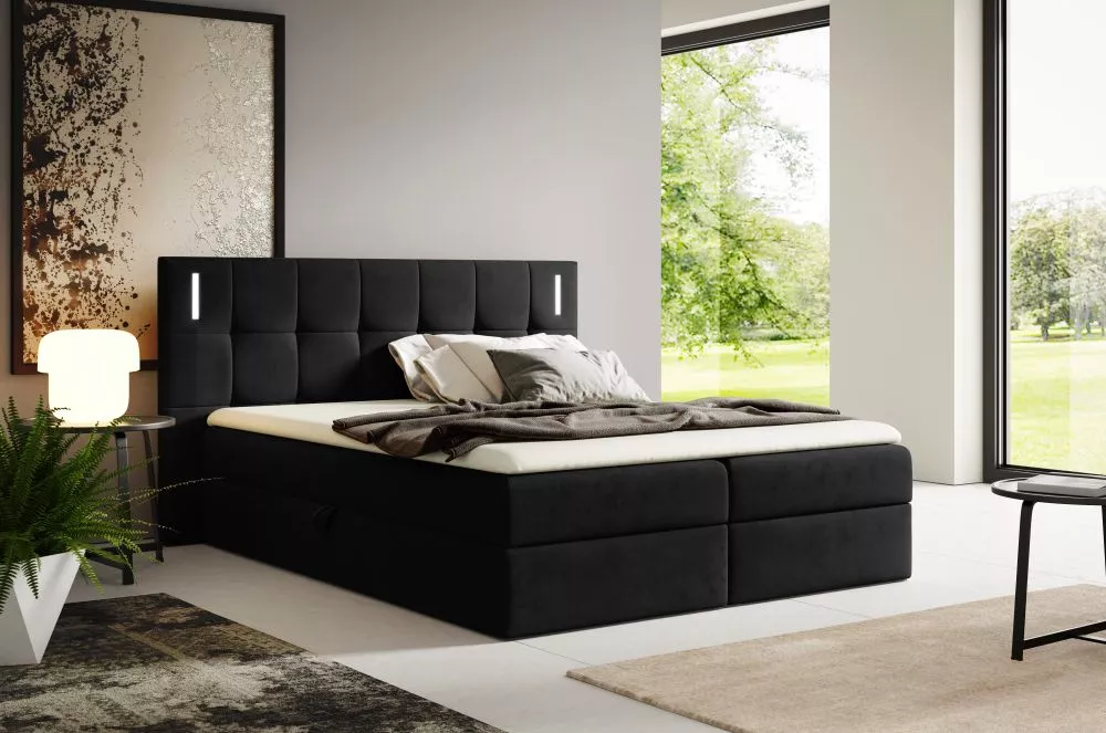 Gulta Denver Boxspring Standard ar LED Guļamvietas platums: 160 cm, Guļamvietas garums: 200 cm, · Melns · 192 × 208 × 11